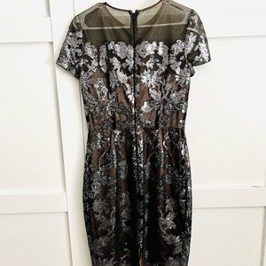 David Meister Grey Rosette Sequin Cocktail Dress